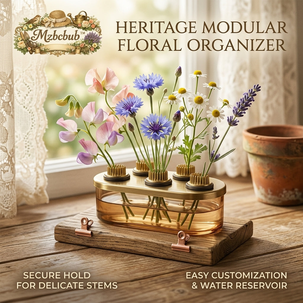 Mzbcbub™ Heritage Modular Floral Organizer – Vintage Rustic Vase with Brass Kenzan Flower Frogs & Wood Base, Amber Glass Water Reservoir, Elegant Desktop Flower Arrangement Station