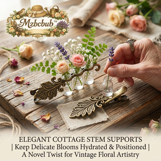 Mzbcbub™ Vintage Cottage Stem Support Clips with Miniature Glass Water Vials | Ornate Bronze Leaf Floral Hydration Clips for Fresh Flowers | Cottagecore Hair Accessory, Lapel Pin, Wedding Table Place Setting & Aesthetic Photography Props