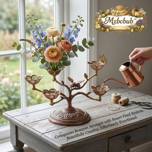 Mzbcbub™ Cottagecore Bouquet Arranger with Smart Feed System | Antique Copper Tree Branch Flower Vase | Whimsical Metal Floral Arranging Stand with Honeybee & Butterfly for Dining Table Centerpiece, DIY Flower Arrangement, Cottage Garden Decor