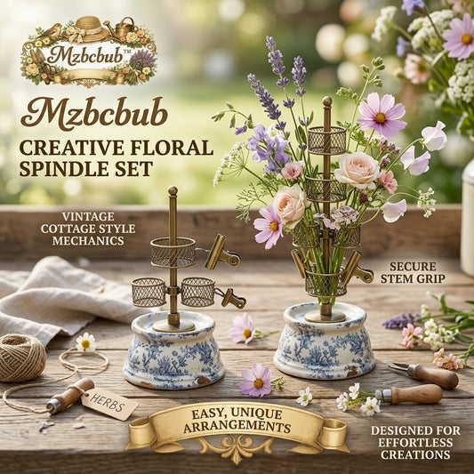 🌸 Mzbcbub™ Creative Floral Spindle Set - Vintage Cottagecore Flower Arranger with Blue & White Ceramic Base - Rustic Metal Stem Grip Holder with Wire Baskets & Clips for DIY Wildflower Displays 🌿