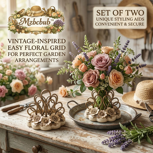 Mzbcbub™ Set of 2 Vintage-Inspired Flower Grid Arrangers - Antique Metal & Sculpted Floral Ceramic Base Bouquet Holders, Easy Stem Styling Aids for Perfect Cottagecore Centerpiece Arrangements & Home Décor