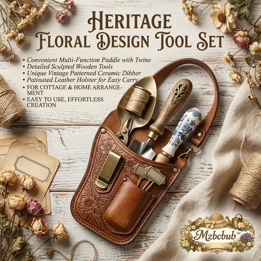 Mzbcbub™ Heritage Floral Design Tool Set with Embossed Leather Holster, 5-Piece Vintage Gardening Tool Kit with Blue & White Ceramic Dibber, Sculpted Wooden Hand Trowel, Multi-Function Twine Paddle & Metal Plant Labels